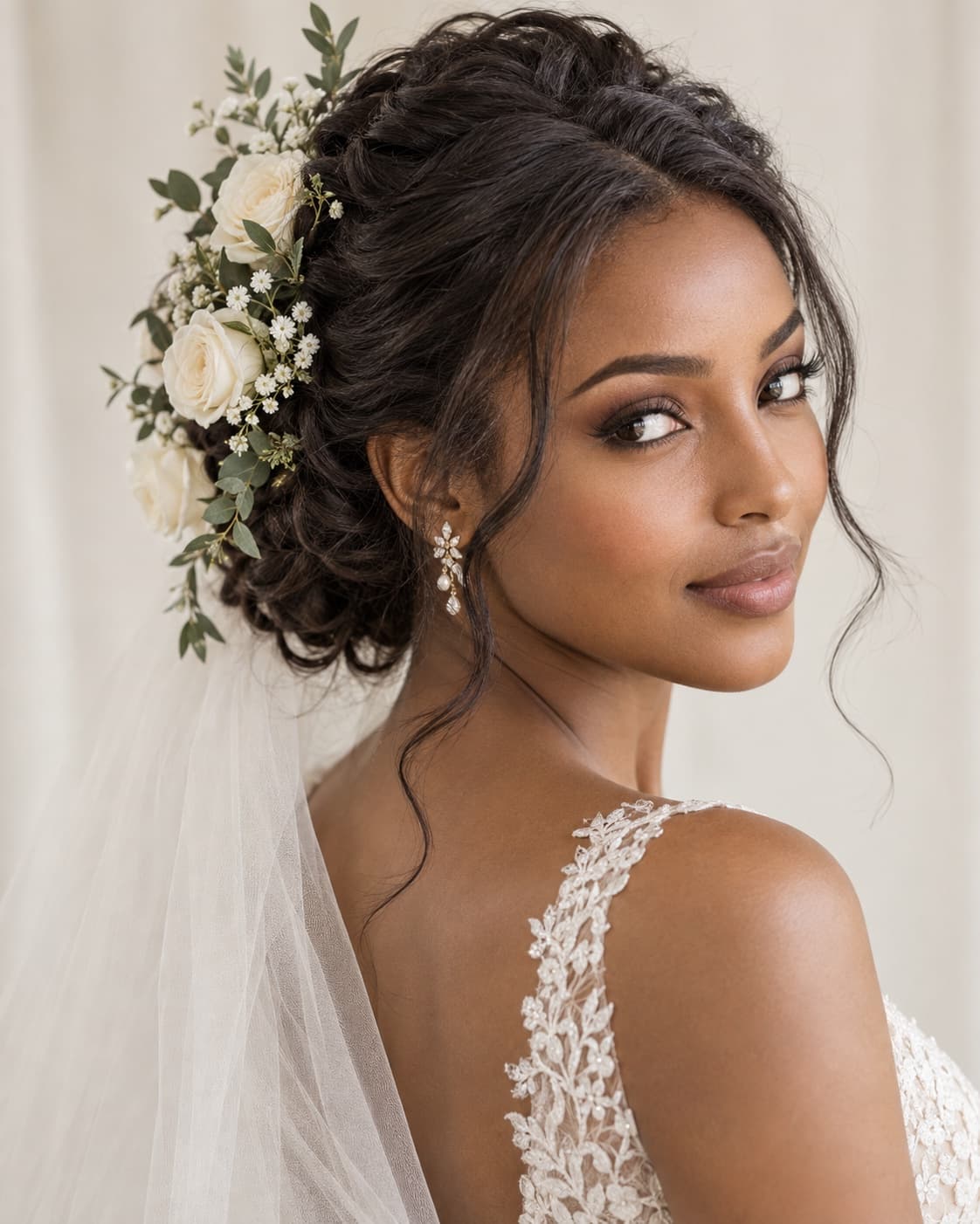 Bridal updo with fresh roses and a veil
