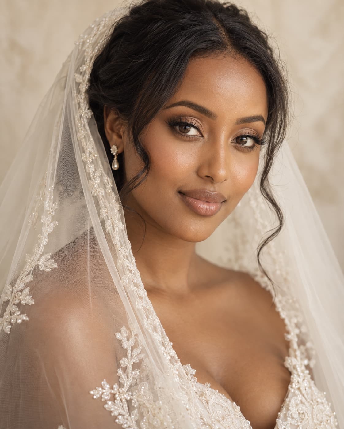 Bride in a lace veil, soft glam, close portrait